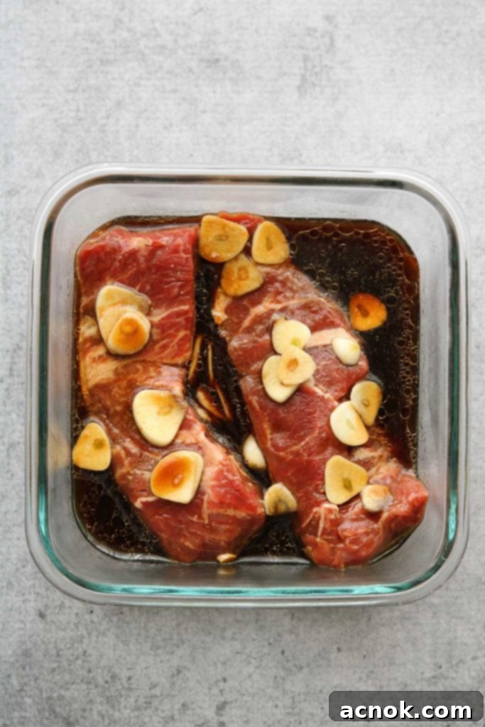 Marinated flat iron steak ready to cook after 4 hours.