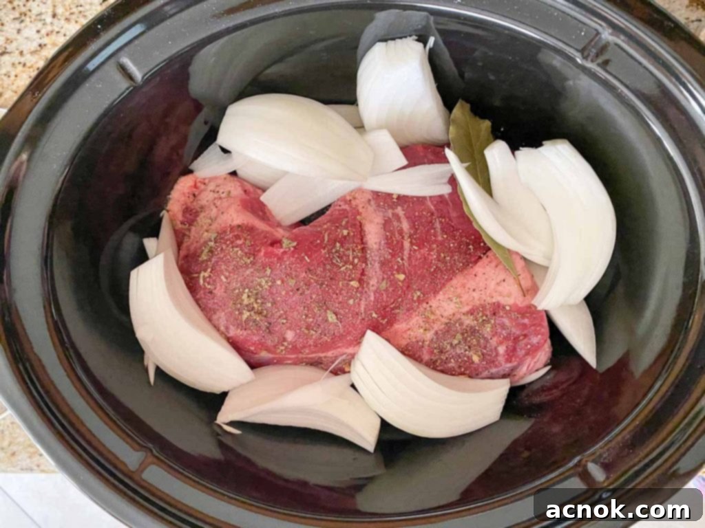Raw brisket in a slow cooker with onions, bay leaf, garlic head, and spices, covered with water.