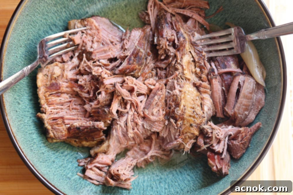 Cooked brisket in a bowl with two forks, ready for shredding.