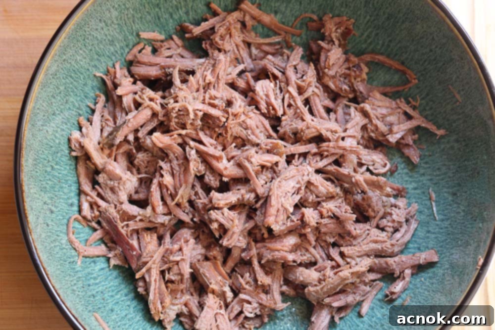 Bowl of perfectly cooked and shredded brisket, ready for the salad.