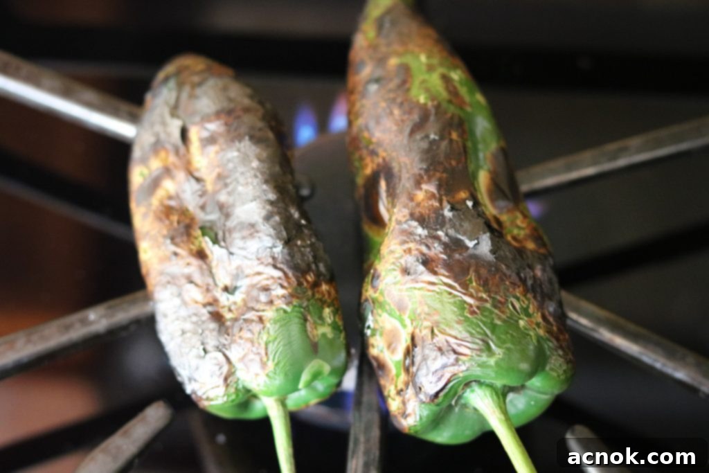 charred poblanos on stovetop