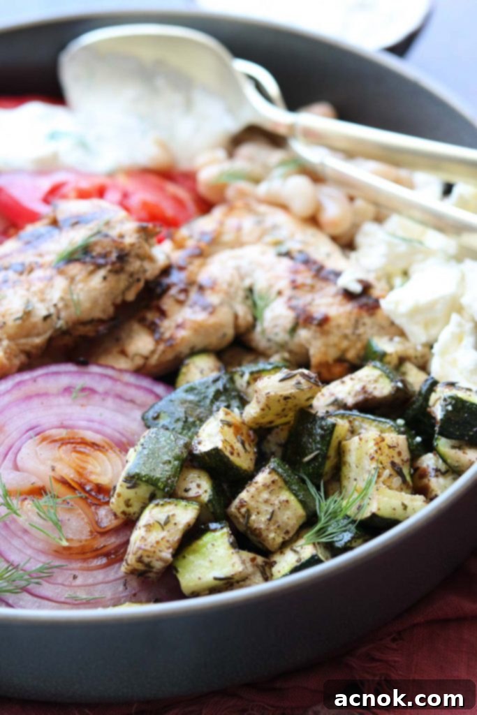 A vibrant Mediterranean grilled chicken bowl, featuring tender chicken, fresh vegetables like cherry tomatoes and cucumbers, and Za'atar zucchini, all drizzled with a creamy yogurt dill dressing
