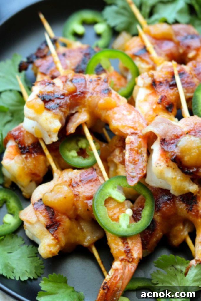 Close-up of fully cooked Chutney Glazed Bacon Wrapped Shrimp on a white platter, garnished with fresh cilantro and thinly sliced jalapeños.