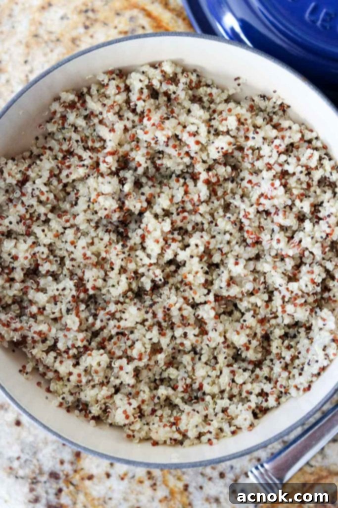 Perfectly cooked and fluffed quinoa in a pot, ready to serve