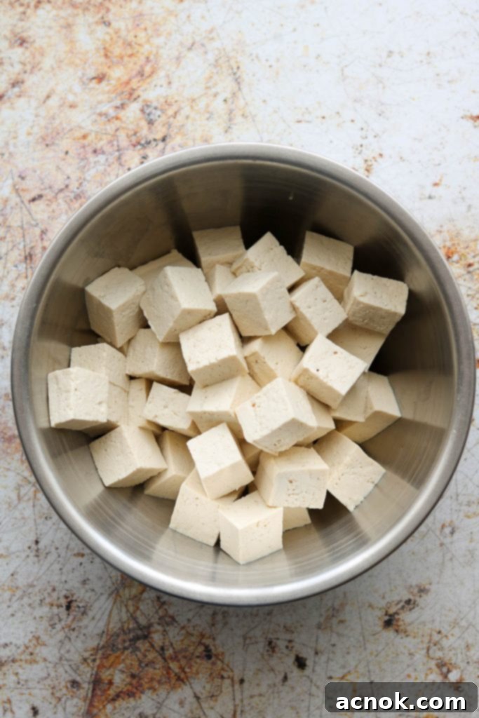Cubed tofu, ready for preparation