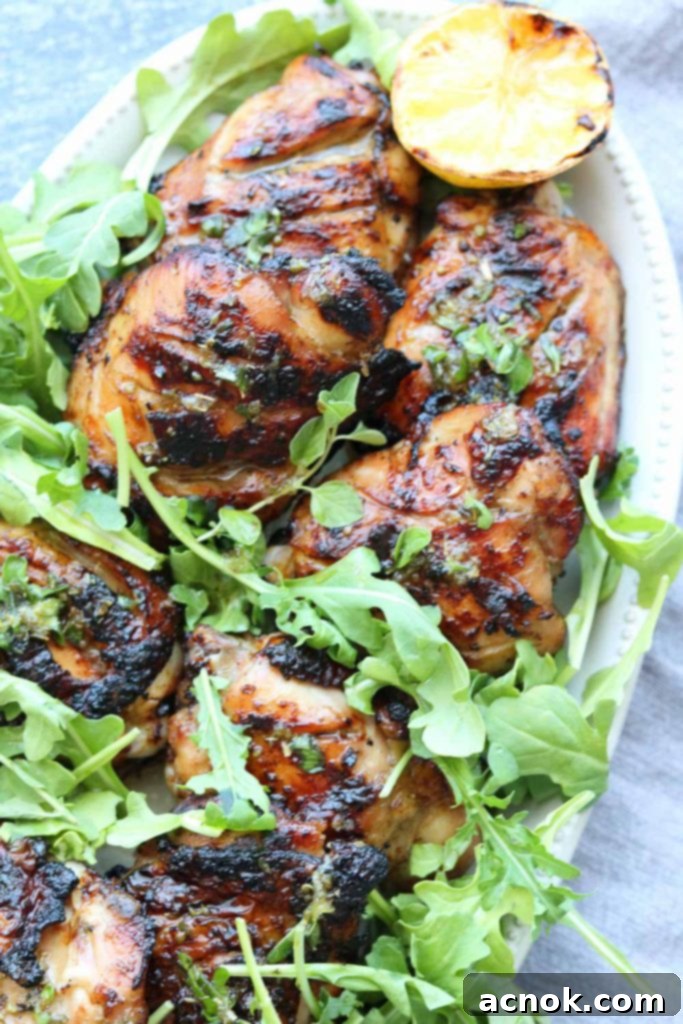 grilled chicken with salmoriglio sauce on platter with arugula