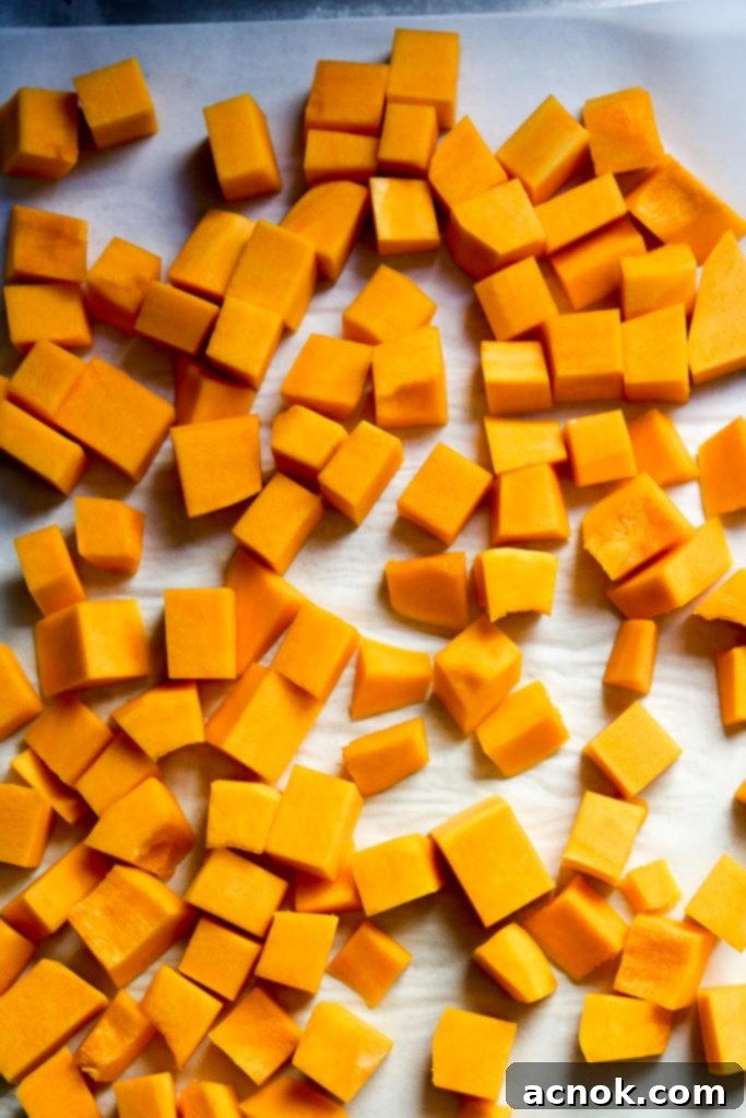 Cubed butternut squash ready for roasting.
