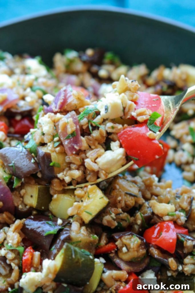 Close-up of Balsamic Roasted Vegetable Grain Salad on a serving spoon, showcasing the rich textures and colors.