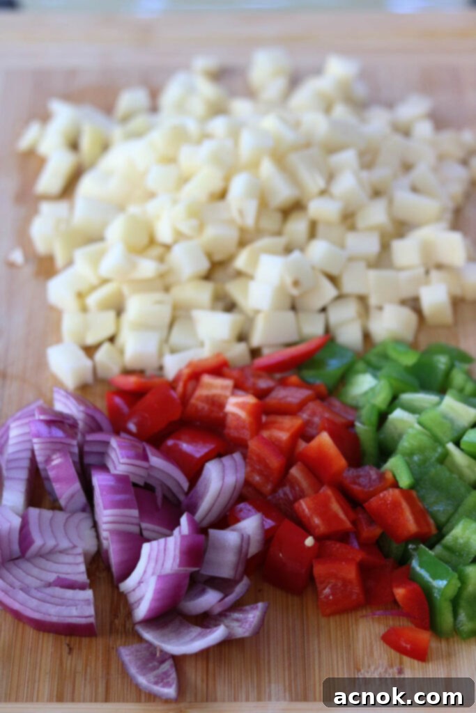 potatoes peppers onions and chopped for hash