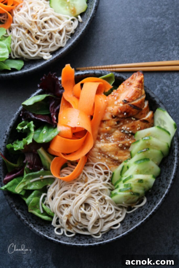 soba noodle teriyaki chicken salad in black dish