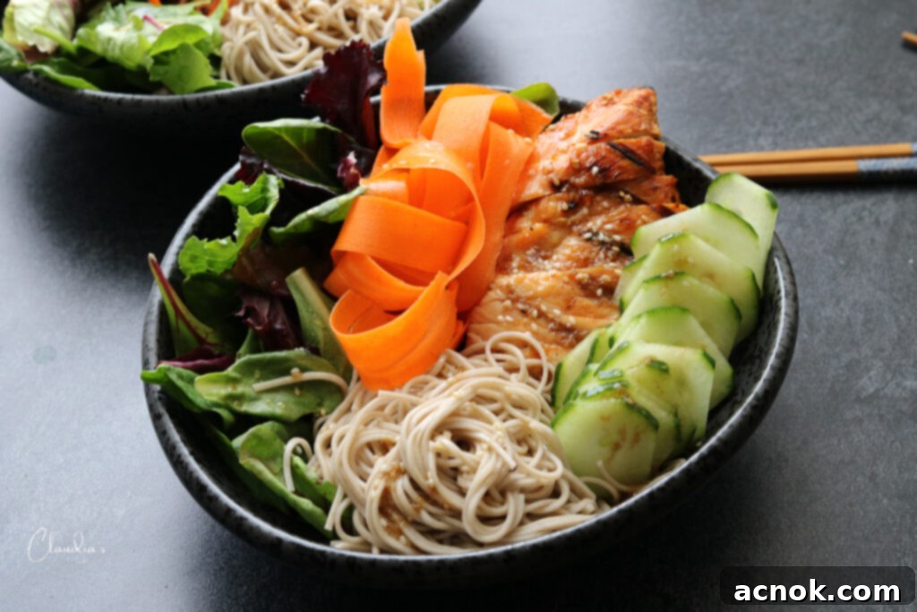 horizontal soba noodle teriyaki chicken salad bowls 
