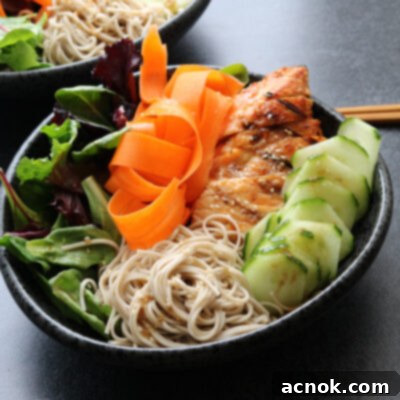 square image of soba noodle teriyaki chicken salad