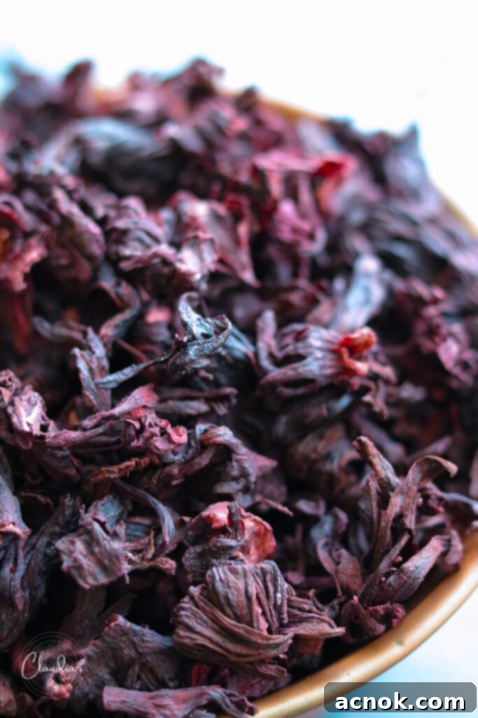 dried hibiscus flowers in copper kettle