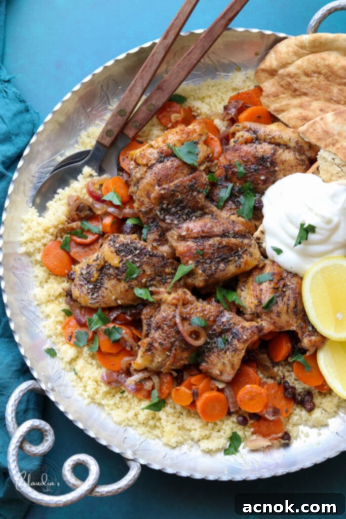 one pan chicken zaatar with carrots and currants on platter with pita, yogurt and lemon