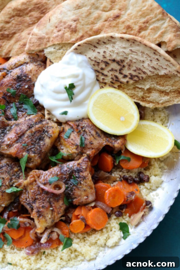 one plate chicken zaatar with carrots and currants with flatbread, yogurt and lemon wedges