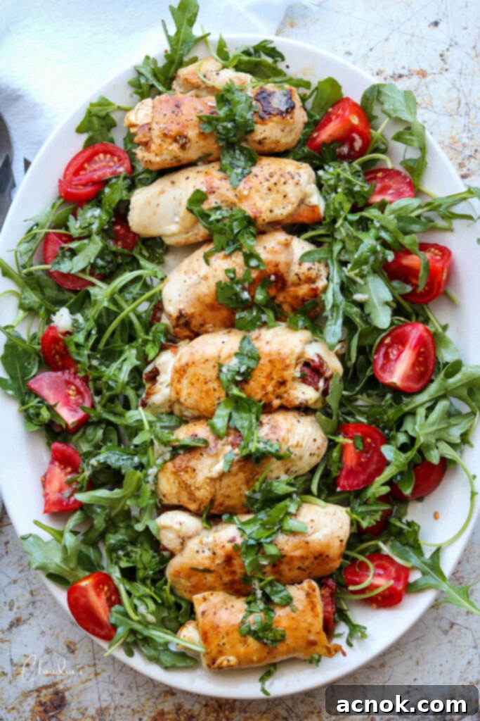 Grilled chicken involtini with arugula salad on a white platter, ready to serve.