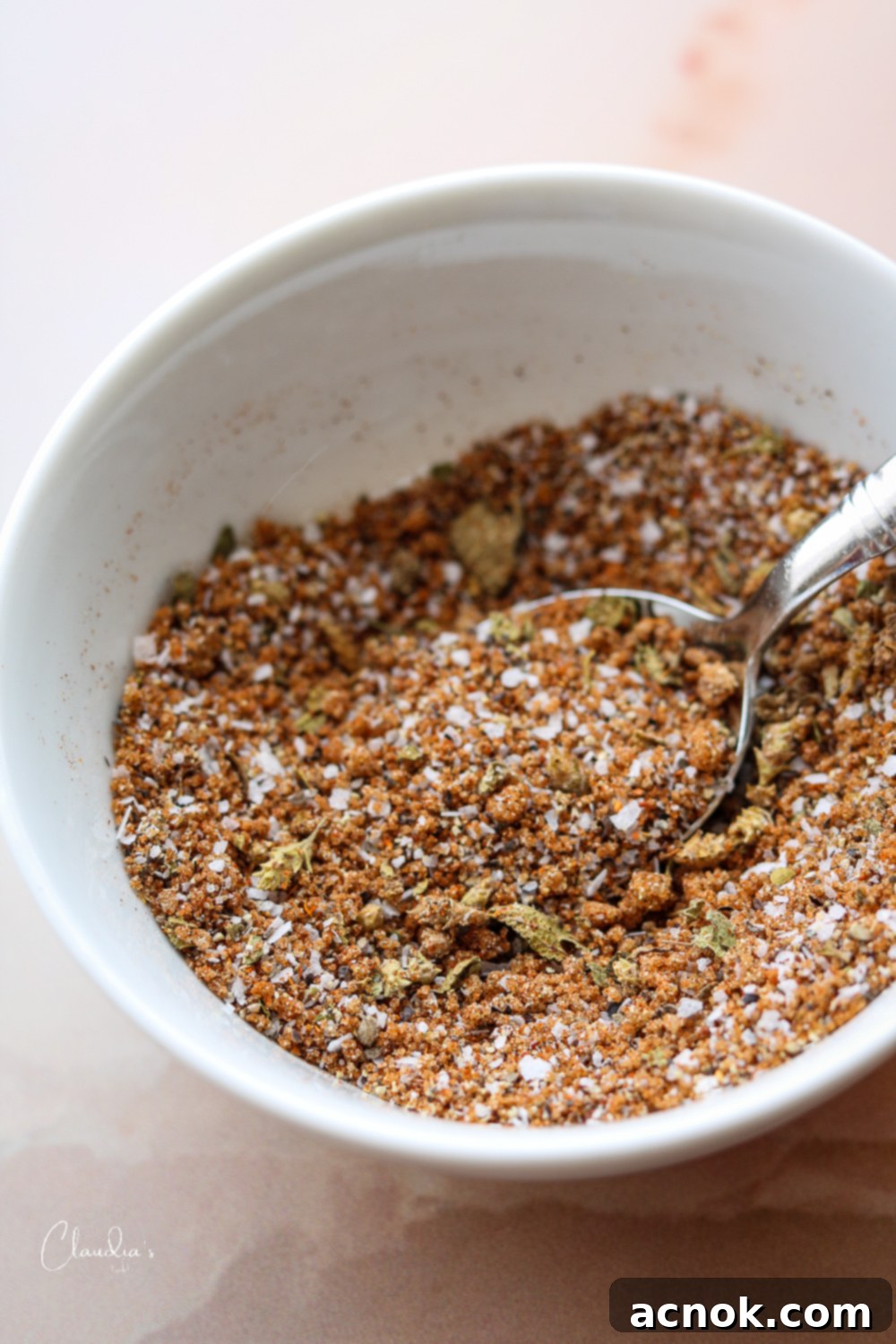 Ancho Chile rub in small white bowl with spoon