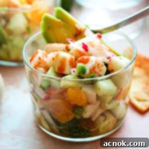 shrimp avocado salad in small clear bowl