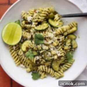 square image of cilantro pesto pasta
