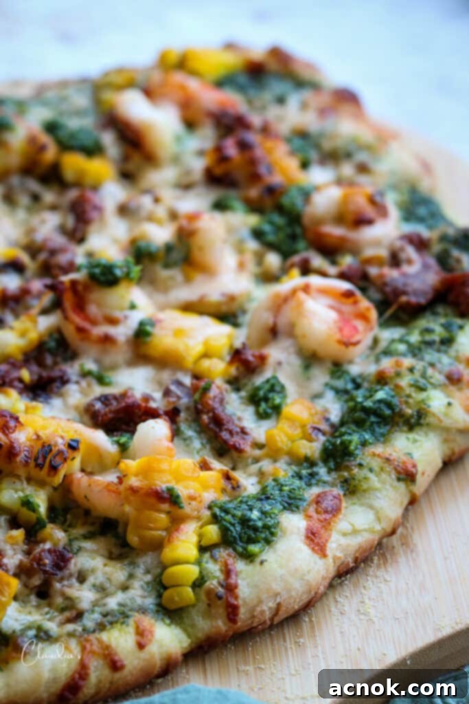 chorizo shrimp and corn pizza closeup