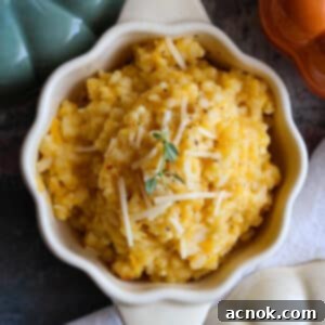 Square image of a creamy pumpkin risotto, garnished with fresh herbs and a drizzle of olive oil, in a modern bowl.