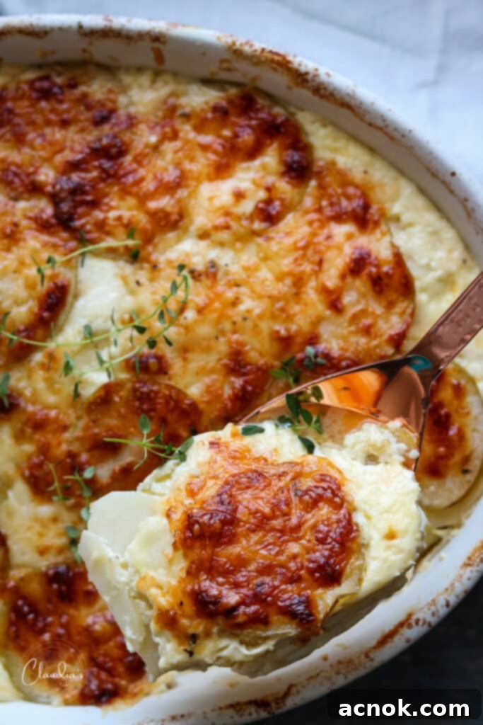 potato apple gratin with copper serving spoon 