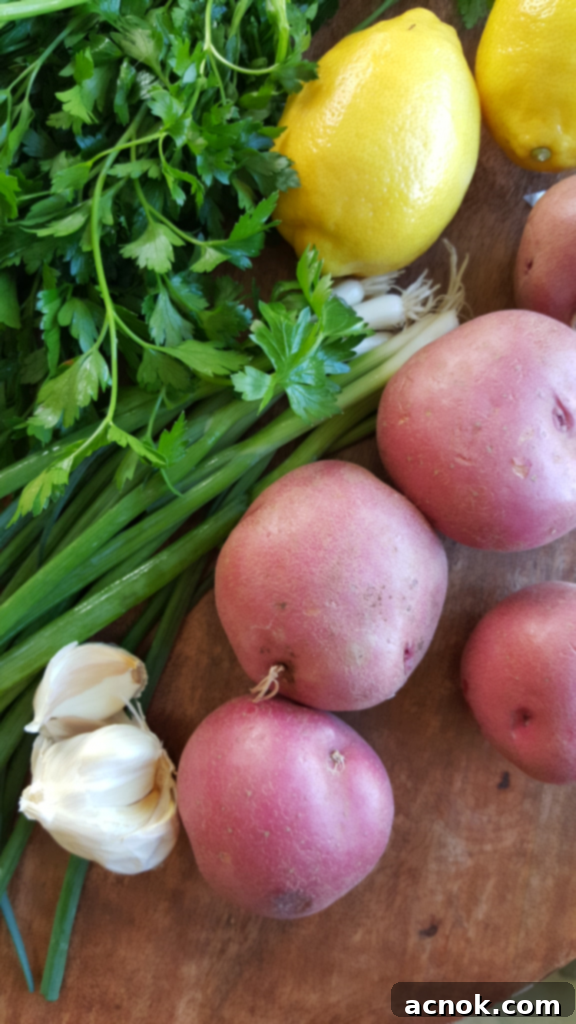 Ingredients for Lemon Caper Potato Salad laid out on a table: red potatoes, parsley, scallions, capers, lemons, dill, and a bowl of dressing