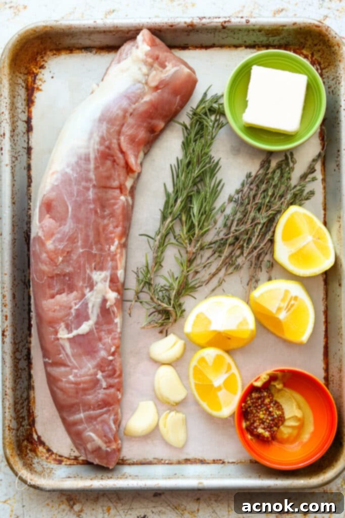Ingredients for pork tenderloin with lemon herb pan sauce laid out