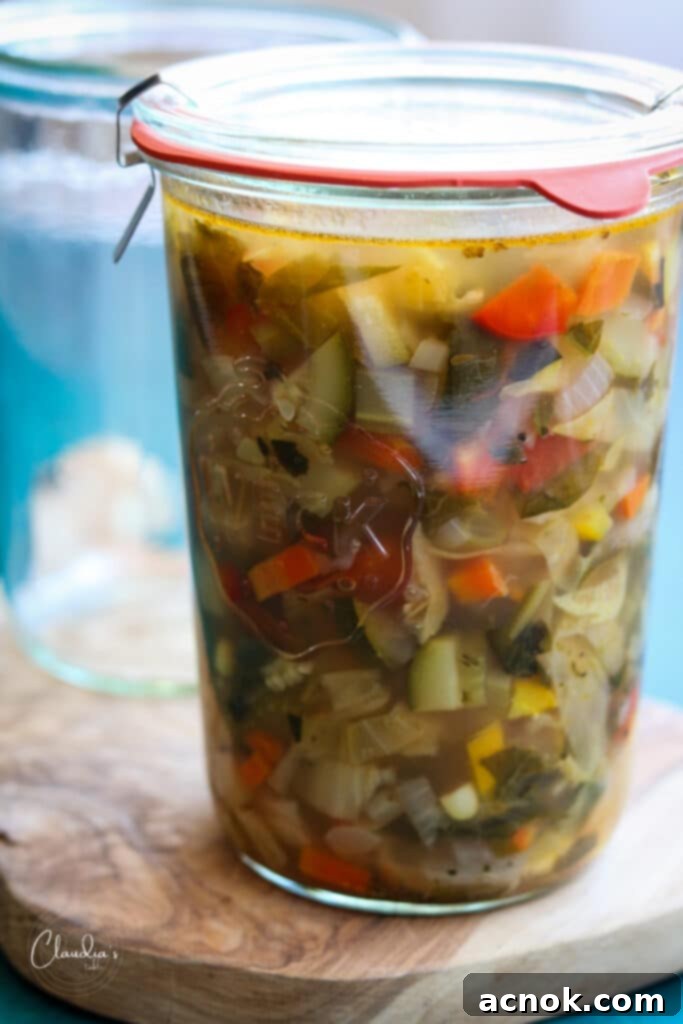 jar of 10 vegetable soup ready for storage