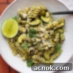 square image of cilantro pesto pasta