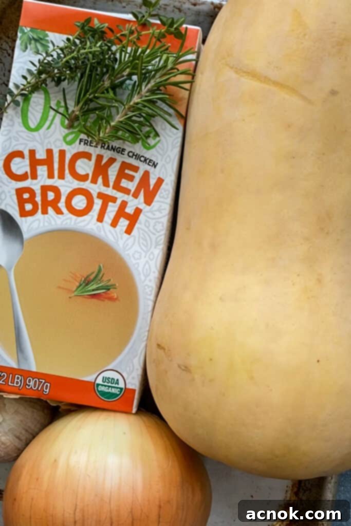 Butternut squash, sweet onion, garlic, chicken broth, and fresh herbs, ready for roasting.