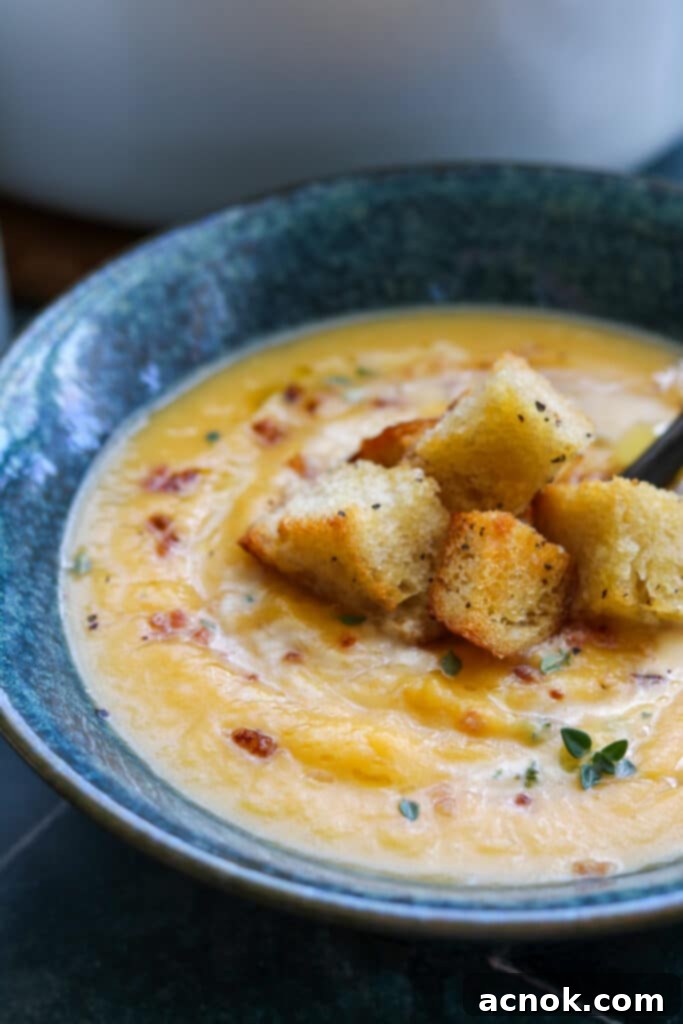 Creamy roasted butternut squash soup garnished with crunchy croutons and a drizzle of cream.