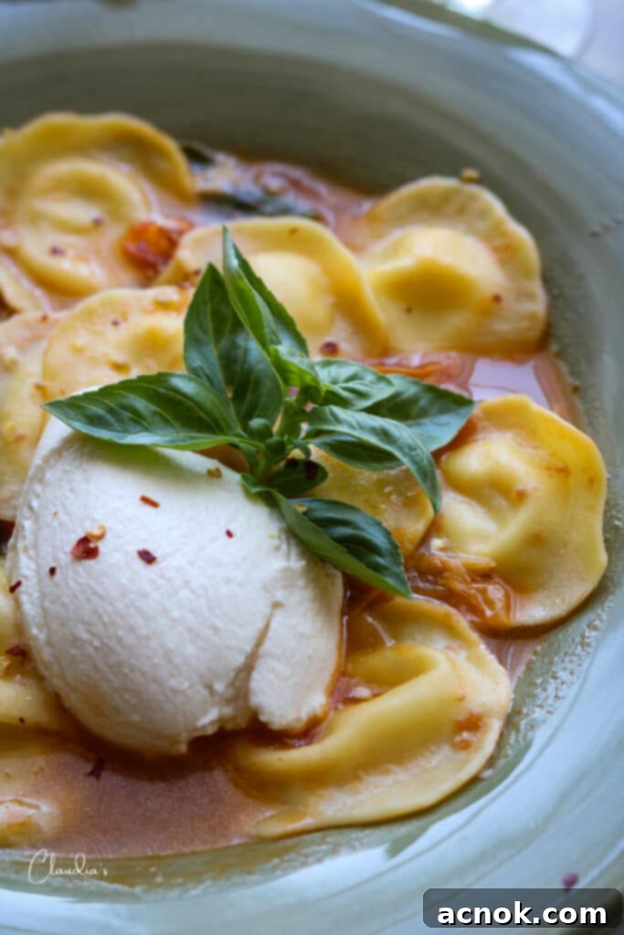close up on Italian ravioli with burst tomato broth