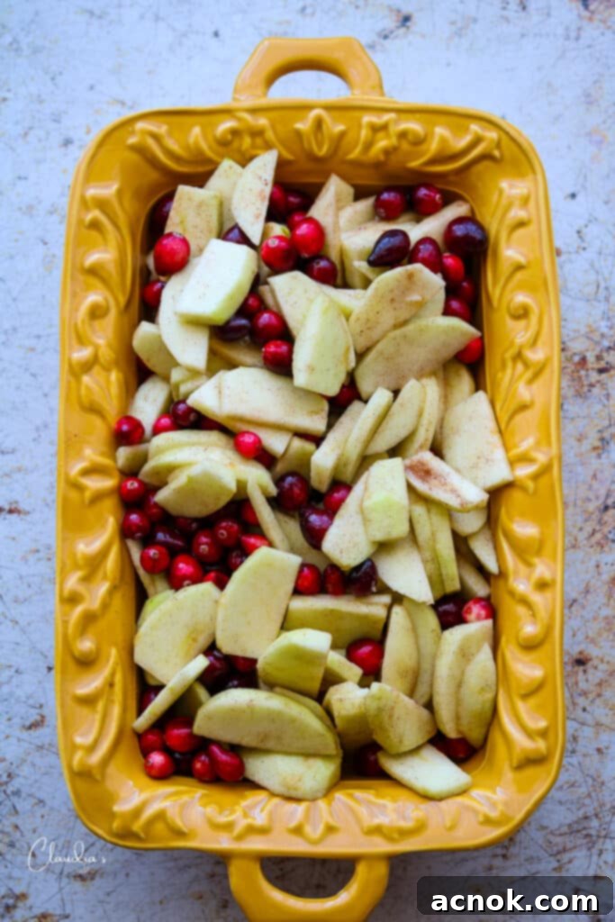 Sliced apples and fresh cranberries mixed with spices and orange juice