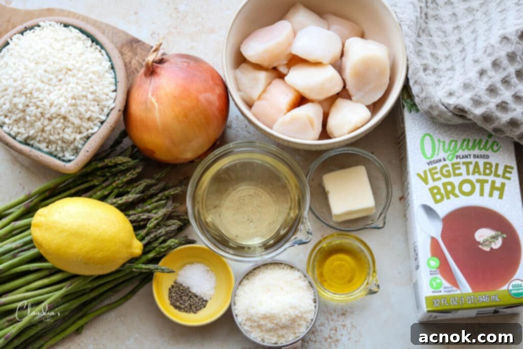 ingredients for creamy risotto with asparagus