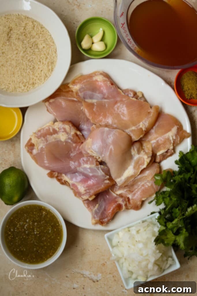 A flat lay photograph showcasing all the fresh ingredients needed for Easy Salsa Verde Chicken and Rice: chicken thighs, vegetable oil, garlic cloves, chopped white onion, uncooked white rice, chicken broth, a jar of mild Mexican salsa verde, Adobo seasoning, salt, and pepper.