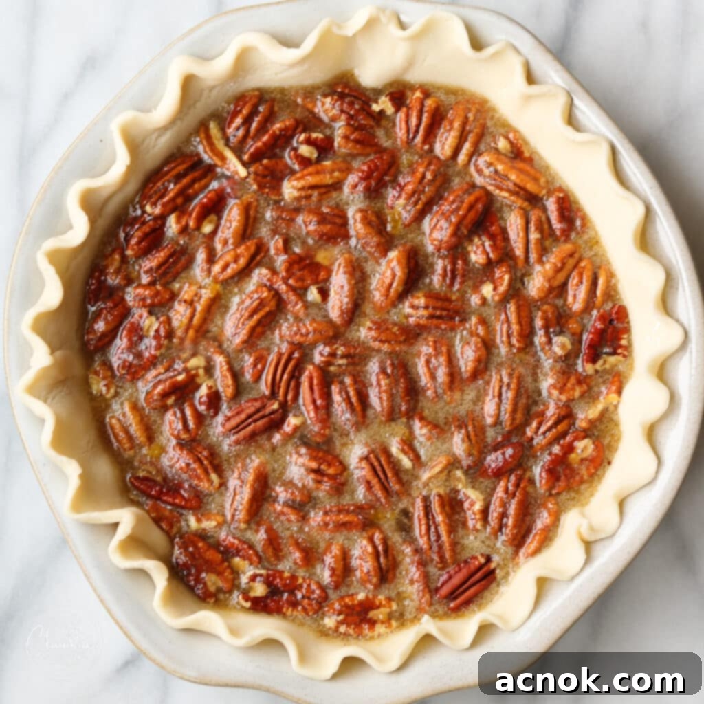 Pecan pie mixture poured into a pie crust, ready for baking with a foil shield around the edges.