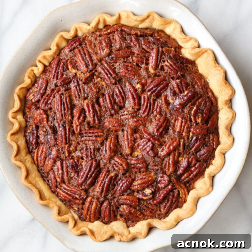A perfectly baked brown butter bourbon pecan pie, golden and puffed, after being removed from the oven.