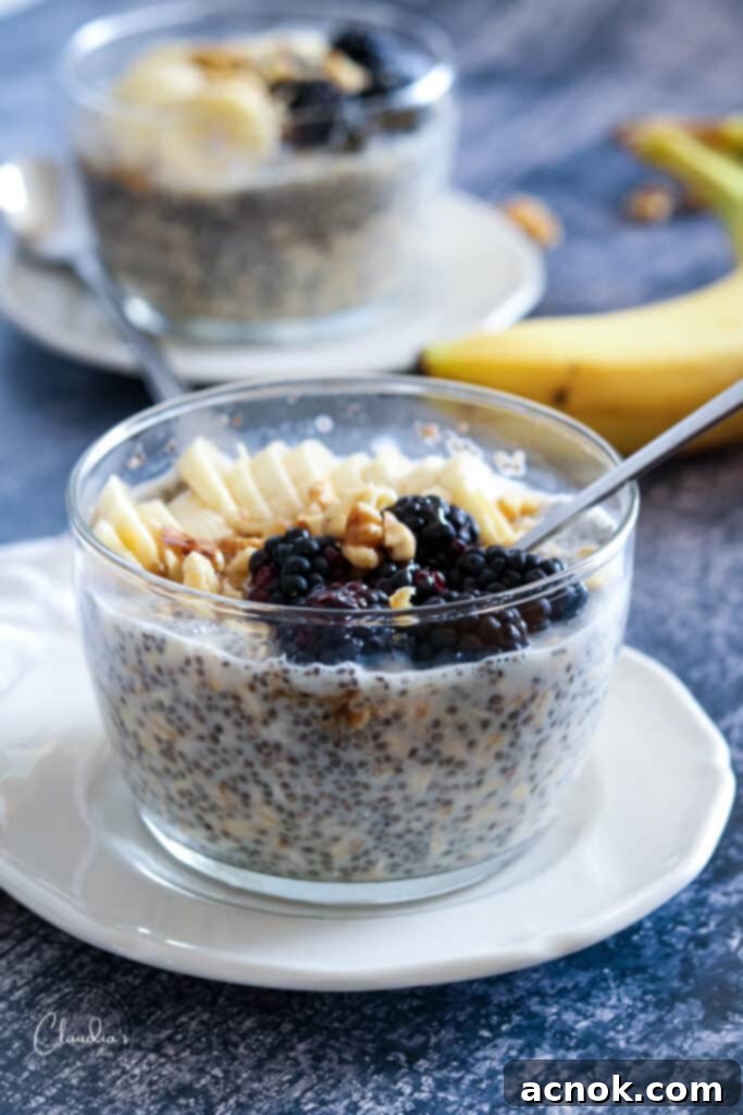 overnight oats with chia seeds, banana, berries and walnuts