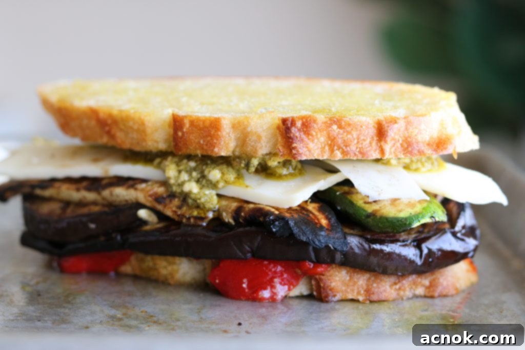 Grilled vegetable sandwich on a cutting board