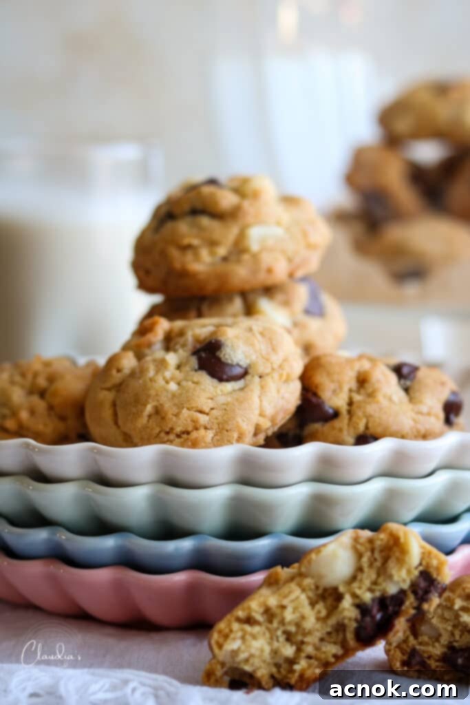 chocolate coconut macadamia nut cookies on plates 