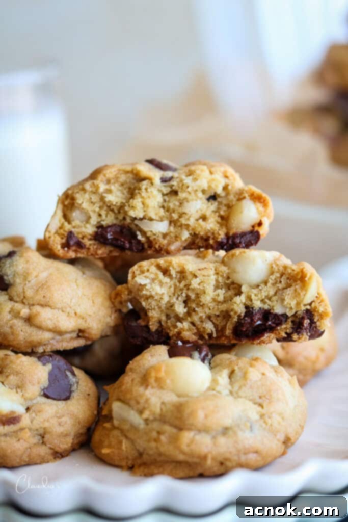 chocolate coconut macadamia nut cookies close up 