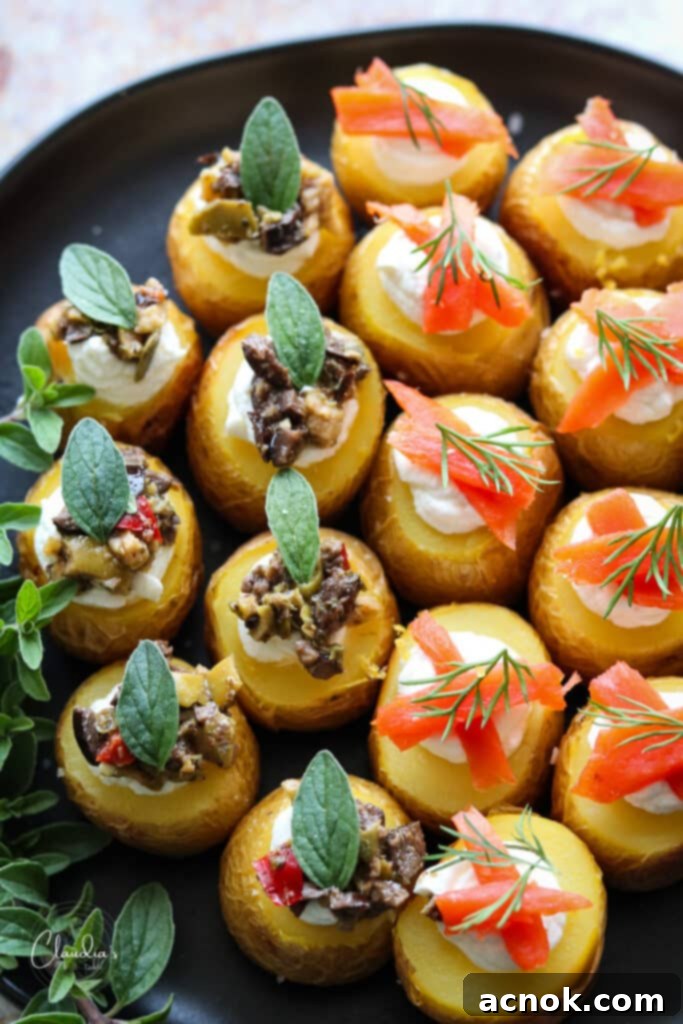 Close up of mini stuffed potatoes with smoked salmon and fresh dill, and some with olive tapenade and fresh oregano, all generously stuffed with creamy whipped goat cheese and finished with flaky sea salt.