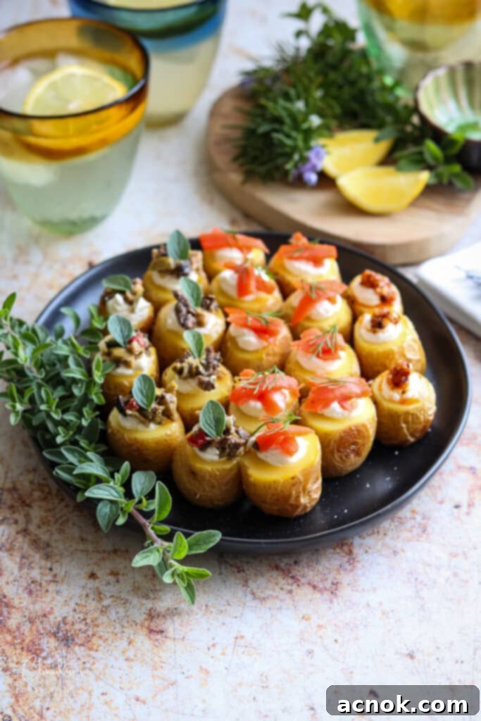Assortment of mini roasted stuffed potatoes with whipped goat cheese and various toppings, ready to be served on a platter.
