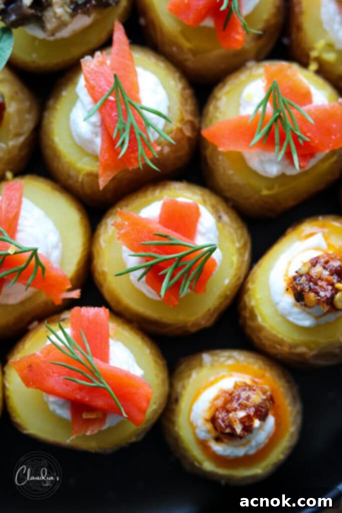Mini stuffed potatoes with smoked salmon and fresh dill.