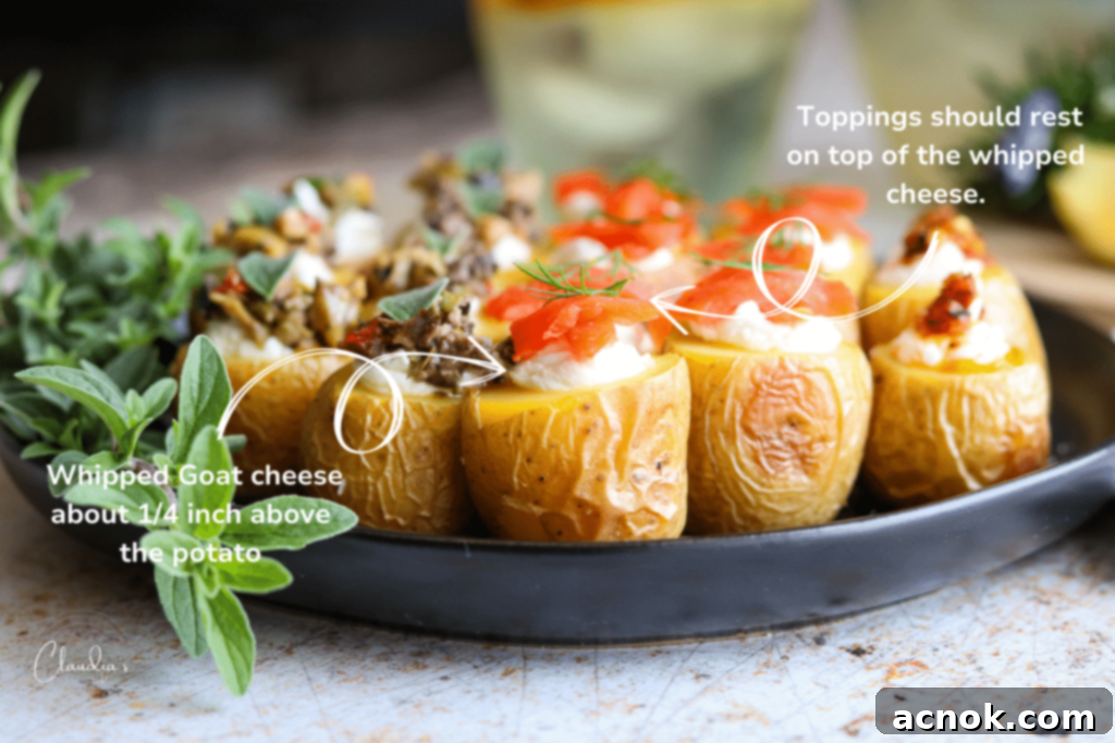 Step-by-step image showing how to fill mini potatoes with whipped goat cheese using a piping bag, and then topping them with smoked salmon and olive tapenade.