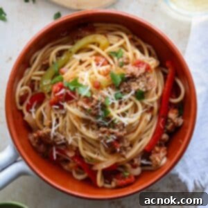 Square image of plated Spicy Italian Sausage and Pepper Spaghetti