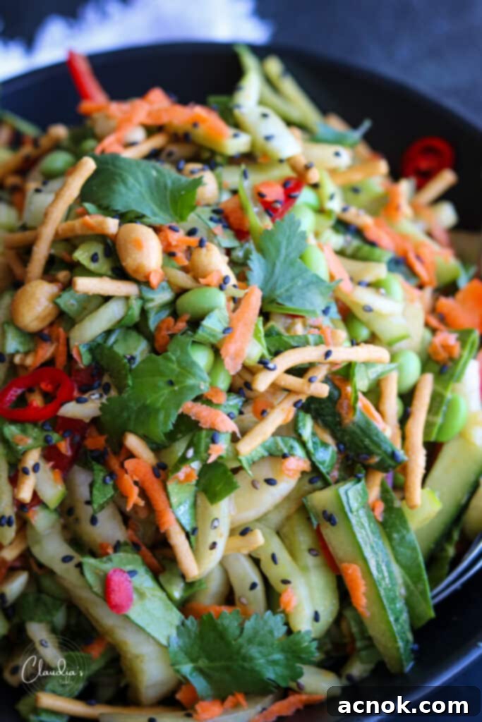 close up of Bok Choy salad showing details of vegetables and dressing