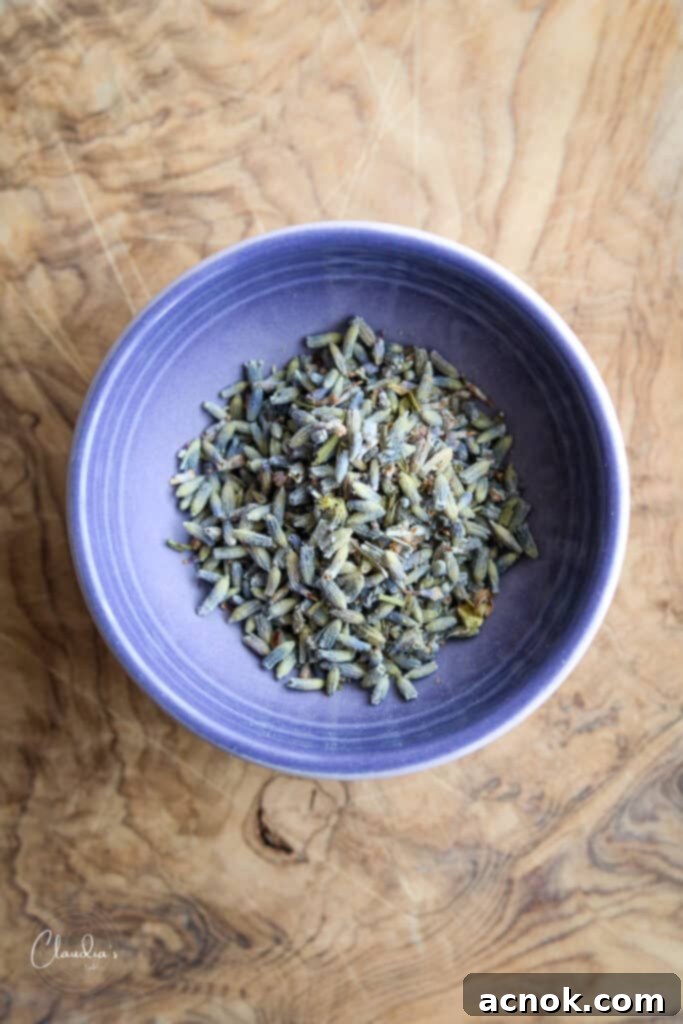Close-up of dried culinary lavender buds, essential for homemade lavender simple syrup