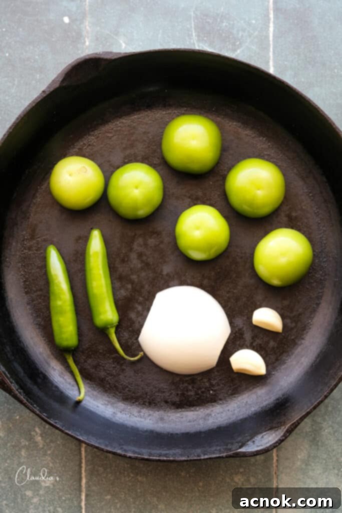 raw tomatillos, serrano chiles and white onion